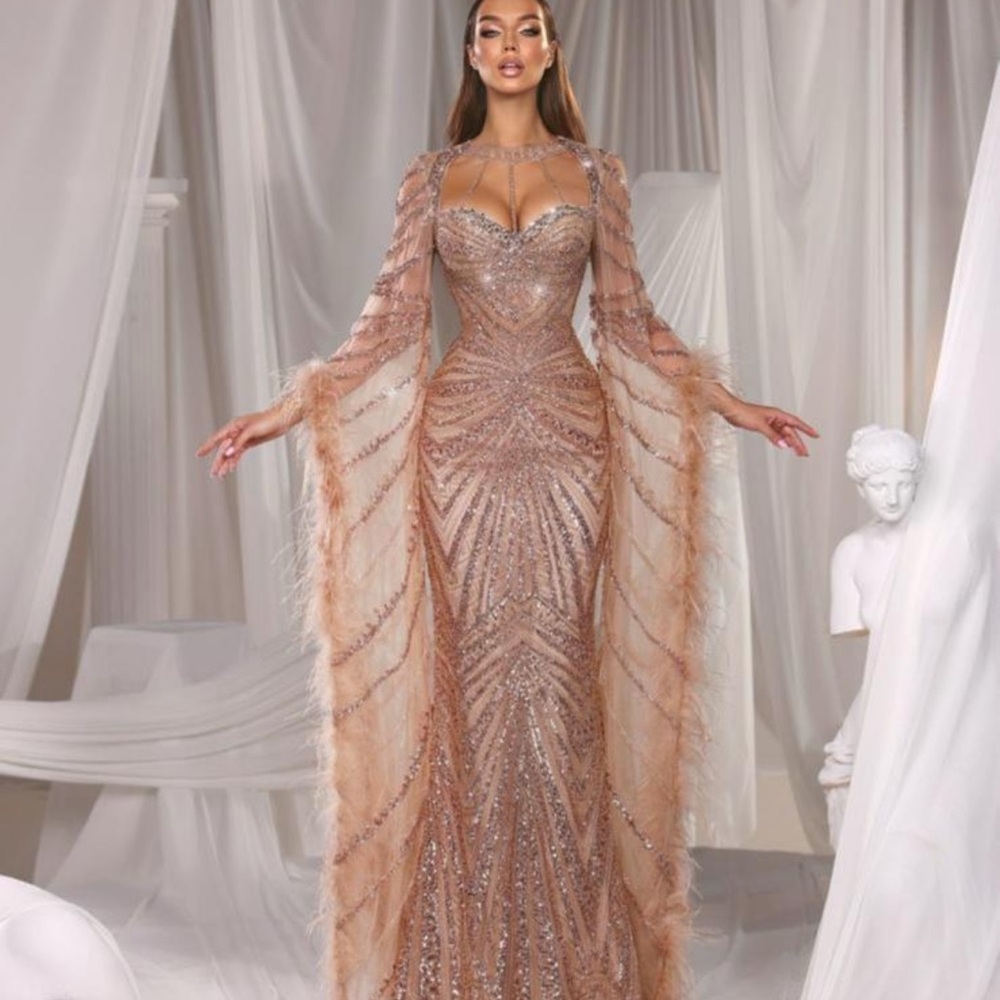 Elegant Long Sleeve Sequin Gown in Rose Gold - Picture 1 of 5